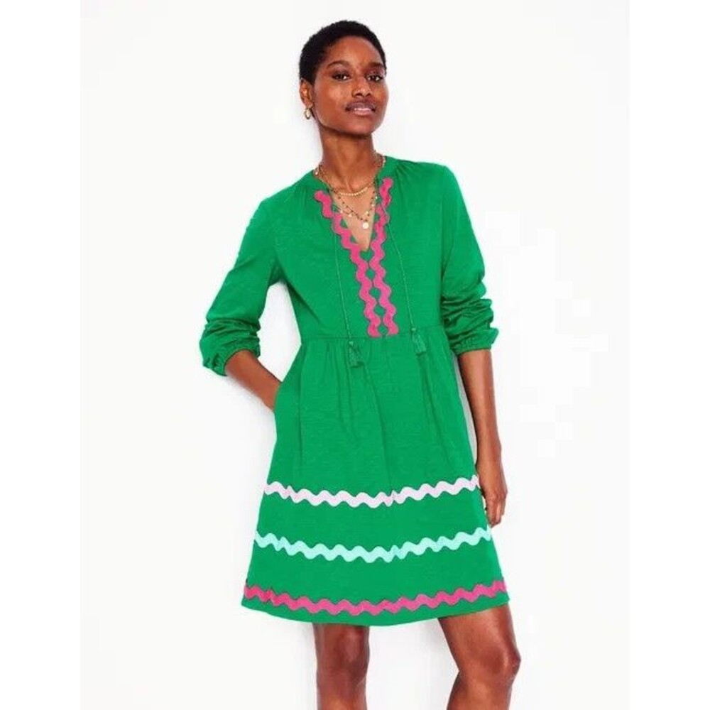BODEN Corinna Ric Rac Emerald Green Dress 14R Long Sleeve Cotton Pockets Boho